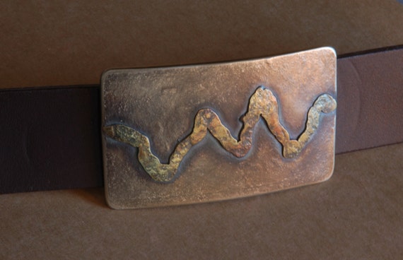 Signed Original Rustic Mountain Range Belt Buckle Hand Forged Rocky Mountains Stainless Steel Accessories with Bronze Overlay fits 1.5" Belt
