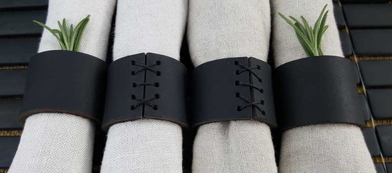 Napkin Rings, Black Leather, Hand Sewn, Wedding Table, Hostess Gift, Casual Dining, Alfresco, Housewarming Gift, Home Decor, Table Decor