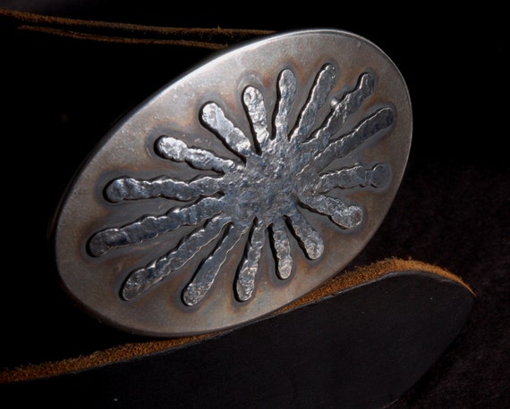 Small Oval Sunburst Belt Buckle Hypoallergenic Hand Forged Anvil Hammered Stainless Steel SUN Buckle fits 1-1/2" Full Grain Leather Belts