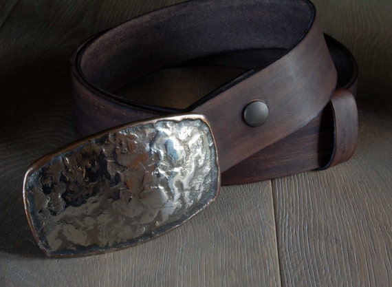 Belt & Buckle Set, Hand Forged Belt Buckle and Hand Dyed Slate Belt with Snaps for Jeans, Buckle and Belt for Jeans, Workwear, Unisex Gifts