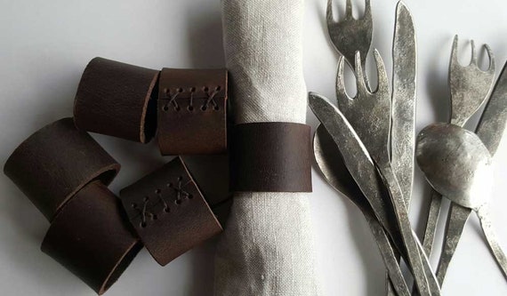 Dark Brown Leather Napkin Rings, Hand Stitched Lace, Intimate Dining, Leather Anniversary, Dining Accessories, Wedding Table, Table Decor