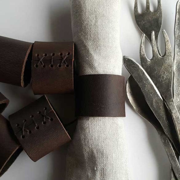 Dark Brown Leather Napkin Rings, Hand Stitched Lace, Intimate Dining, Leather Anniversary, Dining Accessories, Wedding Table, Table Decor