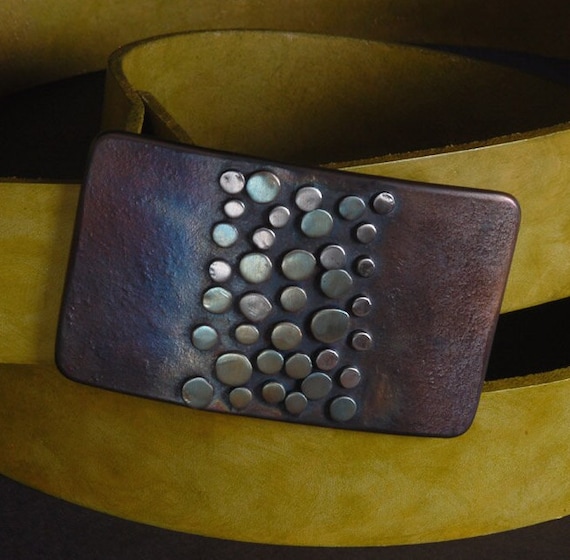 Polka Dot Artisan Belt Buckle Hand Forged Buckle w/ Bronze or Silver Dot Design Fits 1.5" Unisex Belt for Blue Jeans or High Society