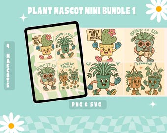 Retro Plant Pun Mascot Clipart: Groovy SVG & PNG Bundle