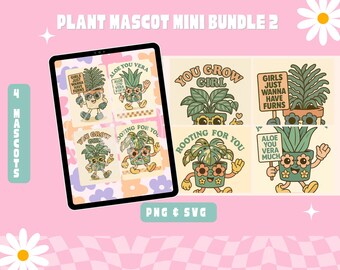 Retro Plant Pun Mascot SVG PNG Bundle: Groovy Stickers (Digital Download)