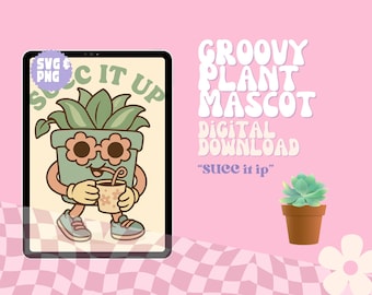 Retro Succulent Pot Mascot PNG: Groovy Plant Pun Design (Digital Download)
