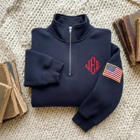 Embroidered J.E.E. Epstein Quarter Zip Sweater, America Flag Relaxed