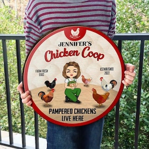 Pampered Chickens Live Here - Chicken Coop Decoration - Personalized Custom Wood Circle Sign, House Coop Sign, Rooster Decor, Chicken Sign