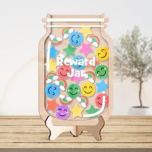 Personalized Reward Jar and Tokens, Rainbow Classroom Teacher Star Jar Chore Chart, Gifts Kids Fridge Wood Acrylic Printed Personalized Name