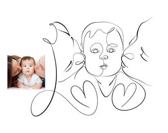 Individuell Minimalistisches Line Art Portrait: Mutter und Baby (Digitaler Download), Wohnzimmer Dekor,Kaffee Geschenke,Poster,Kunst,Maximalistisch,Minimalistisch