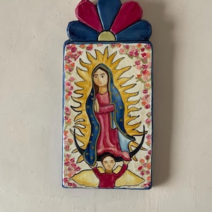 Our Lady of Guadalupe, Hand painted, retablo, painting, Santos, Spanish Market, traditional, Santa Fe art, southwest art, one of a kind