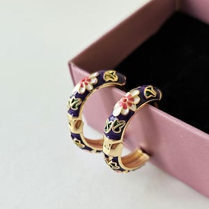 Gold Plated Floral Hoop Earrings, Enamel Flower Jewelry, Vintage Style Statement Earrings, Colorful Hoops