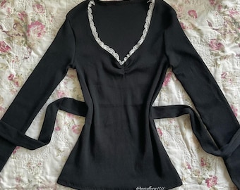 handmade vintage black coquette top y2k 2000s full length fairycore blouse babydoll long sleeve