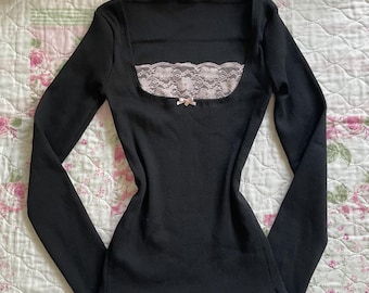 vintage coquette black long sleeve lace top y2k fairycore blouse cami