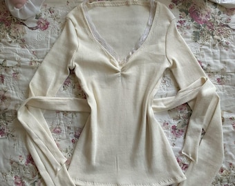handmade vintage white coquette top y2k 2000s full length fairycore blouse babydoll long sleeve
