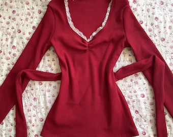 handmade vintage dark red coquette top y2k 2000s full length fairycore blouse babydoll long sleeve