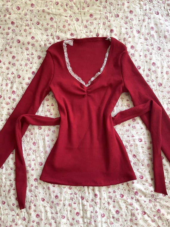 handmade vintage dark red coquette top y2k 2000s full length fairycore blouse babydoll long sleeve