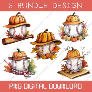 Puede incluir: Cinco diseños digitales con una pelota de béisbol con una calabaza en la parte superior. Cada diseño tiene un tema de otoño diferente, incluyendo hojas, un bate de béisbol y una bufanda. Descarga digital PNG.