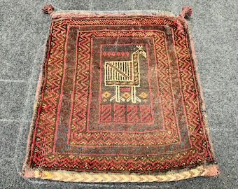 47x42 cm Vintage  Afghan Baluch Saddle bag Rug With Bird / Cockerel Design, handmade wool