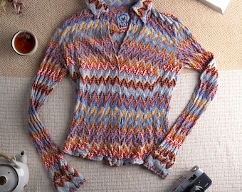 VINTAGE MISS SIXTY Button Up Sweater Zig Zag Pattern Multicolor 100% Cotton Cardigan 90s Boho Archive Knit Top Small