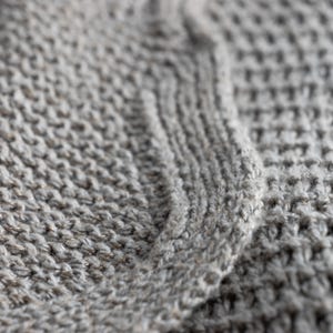 May include: Close-up of a gray knitted fabric with a cable knit design. The texture is visible, showing the individual stitches and the subtle variations in the yarn's color. The fabric appears soft and warm.