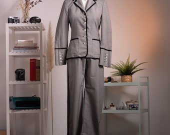 Ensemble Rena Lange d'archives, motif pied-de-poule rouge - Rare ensemble blazer et pantalon évasé en laine vierge Falber Italy des années 90 - Boutons à pièces et passepoil - Taille XS/S