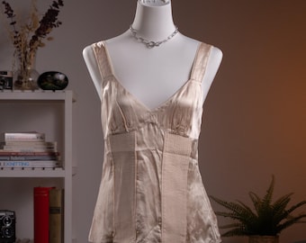 Archival Max Mara Liquid Silk Satin Sculptural Bustier Top Soft Apricot Champagne 90s Y2K Minimalist Luxury Old Money Size XS S M