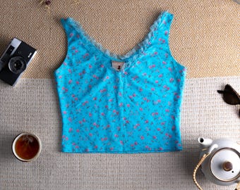 Blumarine Vintage Y2K Camisole Top Turquoise Floral Rhinestone Logo Ruffles Beachwear Crop Top McBling Coquette 2000s Size M