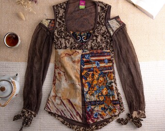 Vintage SAVE THE QUEEN Mesh Tunic Top y2k Stained Glass Baroque Print Sheer Fairy Grunge Cold Shoulder xs-m