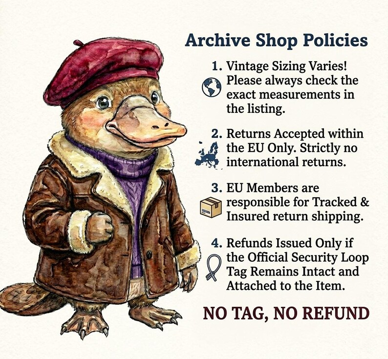May include: Watercolor illustration of a platypus wearing a burgundy beret, a brown leather jacket with a cream-colored fur collar, and a purple sweater. Text reads "Archive Shop Policies" and "NO TAG, NO REFUND".
