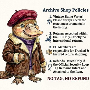 May include: Watercolor illustration of a platypus wearing a burgundy beret, a brown leather jacket with a cream-colored fur collar, and a purple sweater. Text reads "Archive Shop Policies" and "NO TAG, NO REFUND".