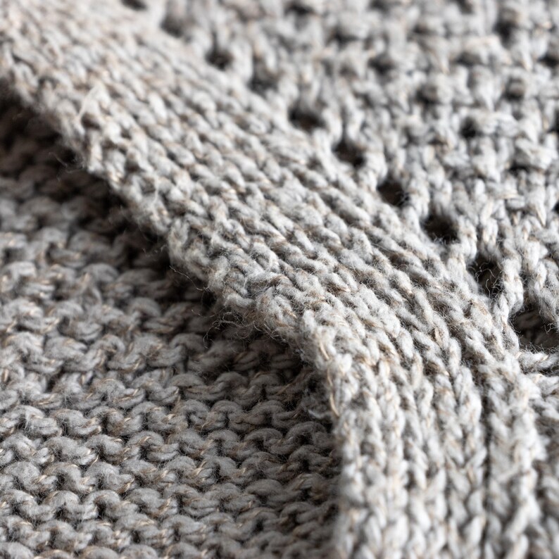 May include: Close-up of a knitted fabric in shades of gray. The texture reveals a combination of solid knit and openwork patterns, creating a visually interesting surface. The yarn appears to be a blend of fibers, adding depth and dimension to the textile.