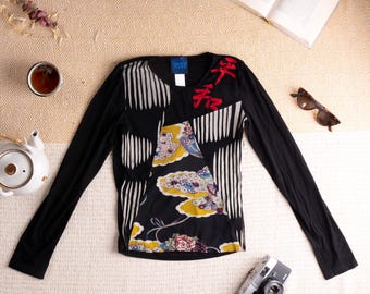 Archival KENZO Jeans Japanese Graphic Mesh Top | 90s Y2K Kanji Print & Kimono Floral Shirt | Tokyo Harajuku Designer Statement Piece Size S