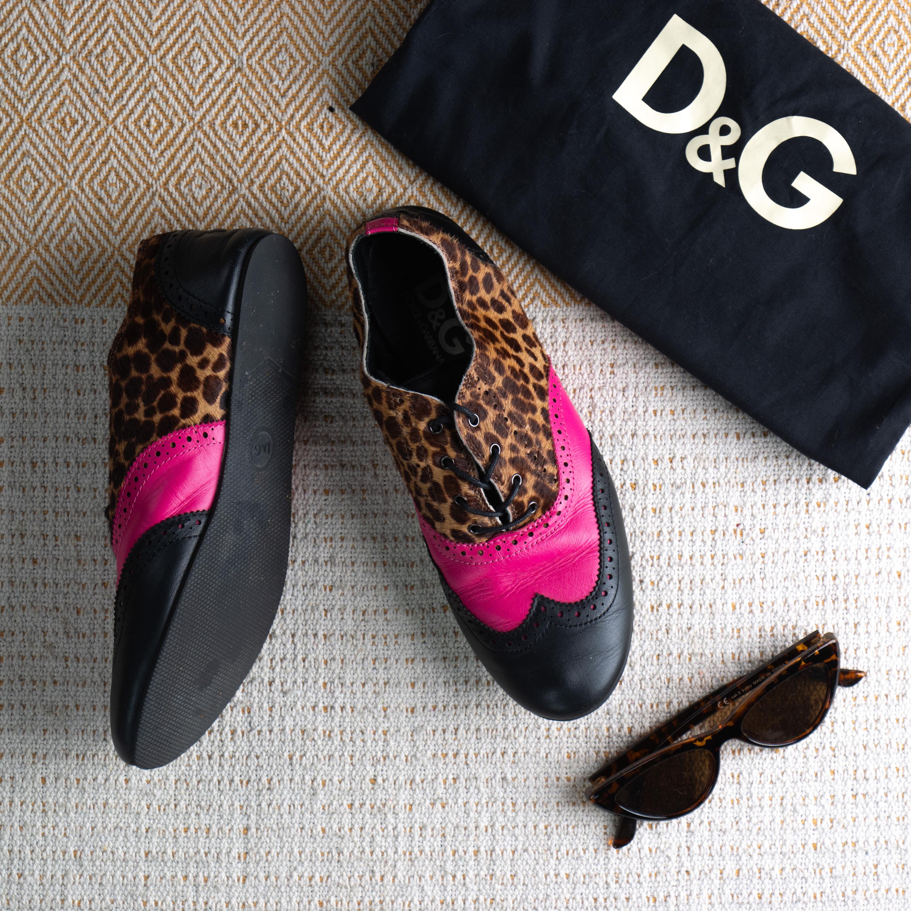 D&G Dolce Gabbana Oxfords Leopard Pony Hair Pink Brogues Y2K