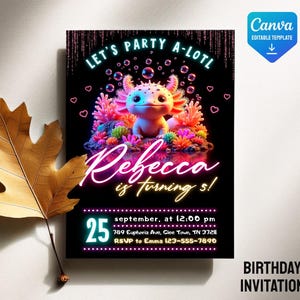 Axolotl Birthday Invitation, Boy Girl Birthday Party Invite, Kawaii cute Axolotl Invites, Alotl Fun Invitation