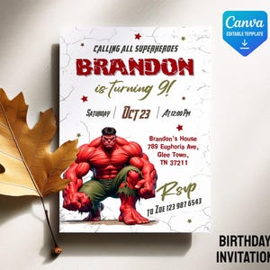 Red Hulk Birthday Invitation, Superhero Party, Editable Template