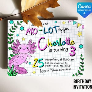 Axolotl Birthday Invitation, Boy Girl Birthday Party Invite, Kawaii cute Axolotl Invites, Alotl Fun Invitation