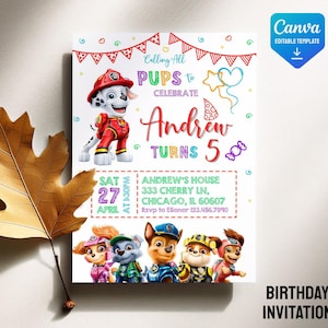 Printable Paw-ty Editable Invitation, puppies Birthday Invite boy girl, puppy party, Instant Download, paw kids Birthday Invite template