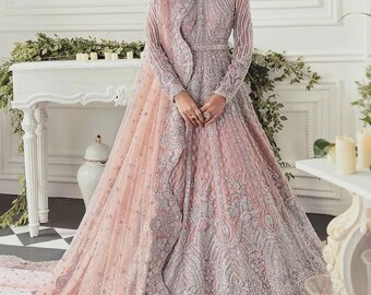 Embroidered Long Maxi Dress in Dusty Rose Wedding Wear Dress, Maxi Long  Dress, Handmade Embroidered Net Gown, Nikah Walima Engagement Outfit - Etsy