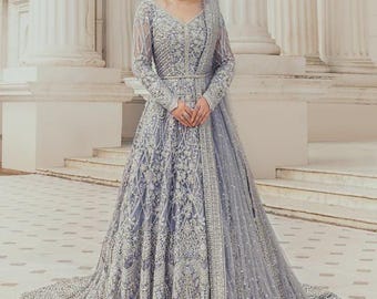 Ice Blue - Royal Blue Net Bridal Gown | Wedding Wear Dresses, Nikah Mehndi Engagement Dress, Embroidered Net Fabric, Formal Maxi Dress
