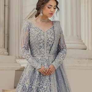 Ice blue Net Maxi, Pakistani designer women wedding gown, Mehndi Nikkah Engagement Dress, Indian wedding dress, Guest party wear outfit