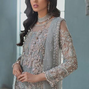 Ice blue Pakistani Wedding Dress Mehndi Nikkah Suit Heavily Embroidered Anarkali Gown Indian Clothes Guest Partywear Outfit, Made to Order