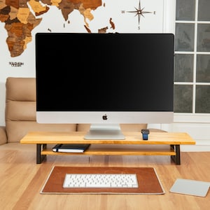 Unique Monitor Riser with Shelf,  Wooden Monitor Stand Oak Alder, Monitor Stand with Drawer – Natural Wood Computer Riser Office Gift