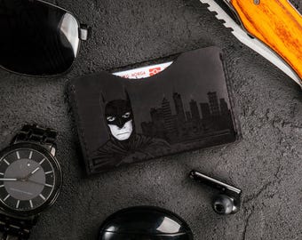 Bat ID Wallet Leather Wallet With Super Hero Mask Wallet for him valentine's day gift for dad boyfriend husband anniversary birthday