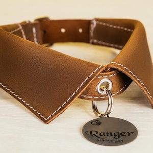 May include: A brown leather dog collar with white stitching and a metal tag. The tag is engraved with the name "Ranger" and a phone number. The collar has a classic design.