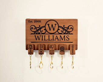 Family Key Holder with Magnetic Keychains and Sunglasses Holder - Wall Mounted Wooden Mail Organizer - Custom Engraving Gift
