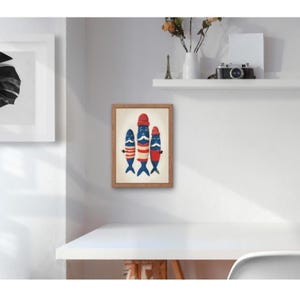 Arte imprimible de sardinas de dibujos animados: decoración de pared con peces vibrantes, descarga digital de animales marinos divertidos, ilustración peculiar de vida marina