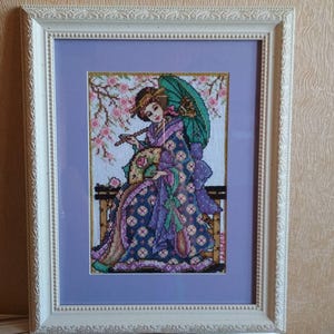 Geisha Cross Stitch Embroidery – Handmade Framed Japanese Art
