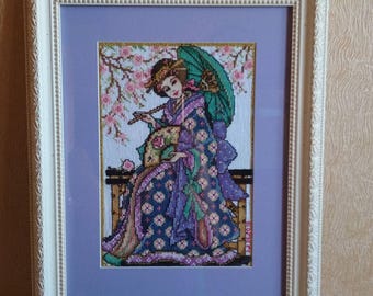 Geisha kruissteekborduurwerk – Handgemaakte ingelijste Japanse kunst