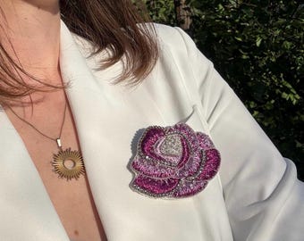 Handmade Pink Rose Brooch – Embroidered Floral Jewelry with Silver Beads